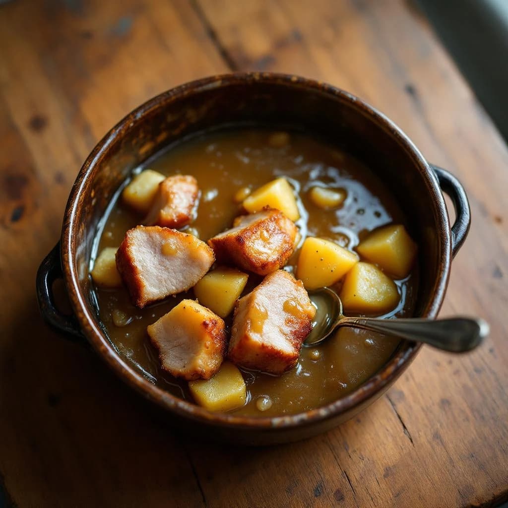 Lard salé et pommes de terre avec sauce à l'oignon